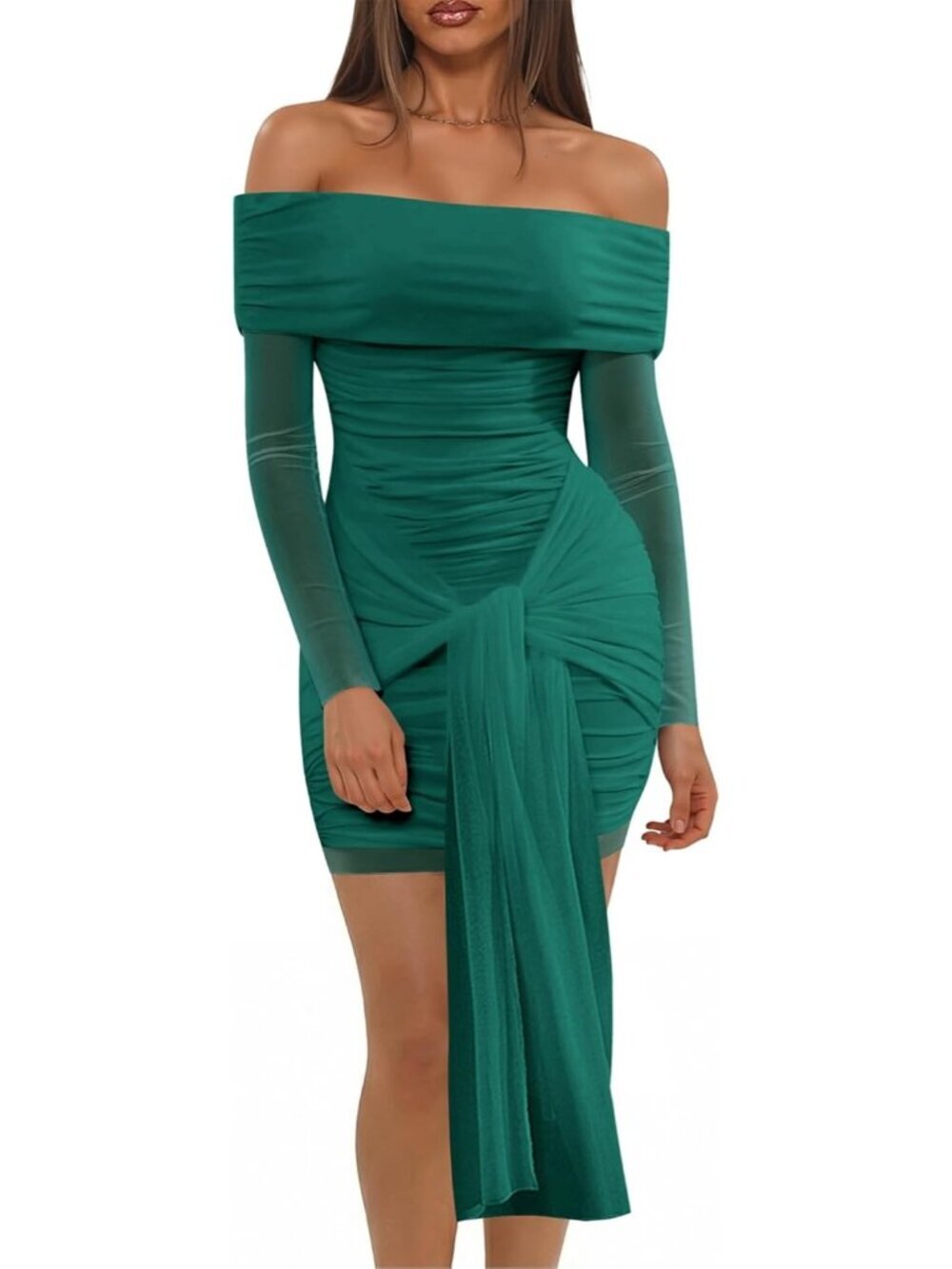 Women's Off The Shoulder Mesh Dress Long Sleeve Green Bodycon Dress Wrap Dress